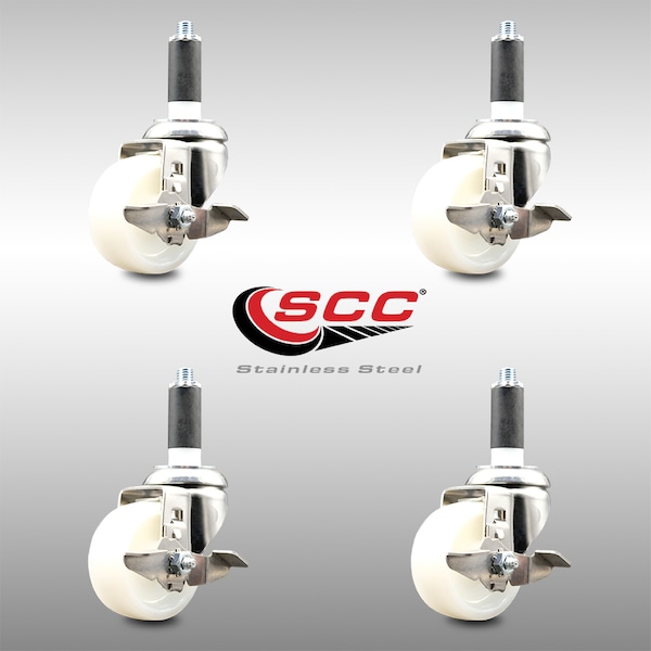 Service Caster 3 Inch 316SS Nylon Wheel Swivel 1 Inch Expanding Stem Caster Set Brake SCC SCC-SS316EX20S314-NYS-TLB-1-4 - main